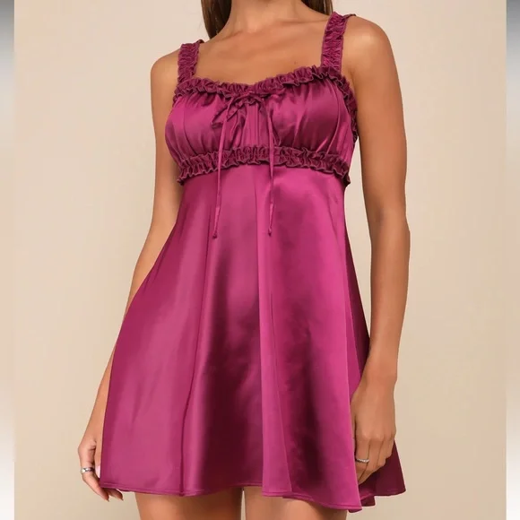 Lulu’s Decidedly Beloved Plum Satin Ruffled Skater Mini Dress - Picture 2 of 4